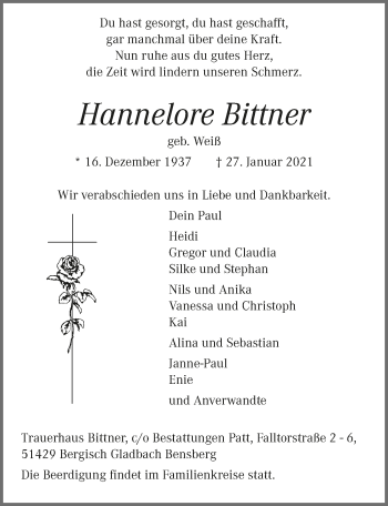 Anzeige von Hannelore Bittner von  Bergisches Handelsblatt 