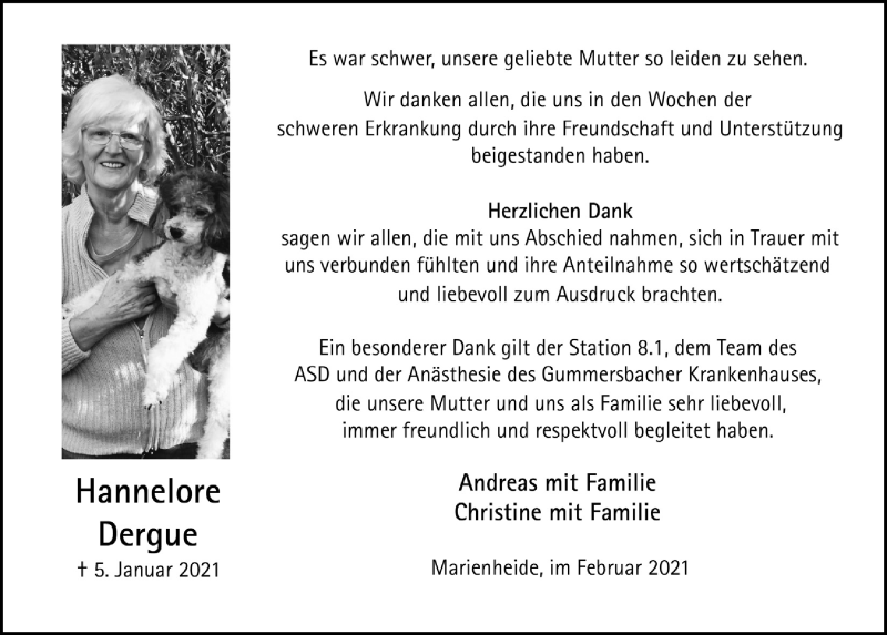  Traueranzeige für Hannelore Dergue vom 26.02.2021 aus  Anzeigen Echo 