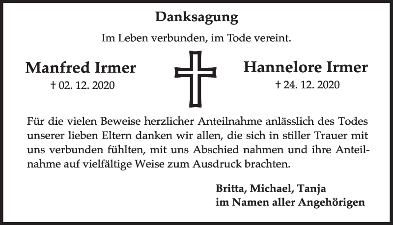  Traueranzeige für Hannelore Irmer vom 12.02.2021 aus  Schlossbote/Werbekurier 