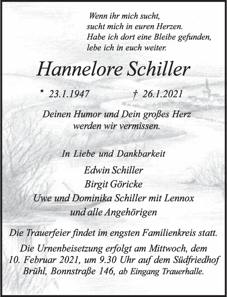  Traueranzeige für Hannelore Schiller vom 05.02.2021 aus  Schlossbote/Werbekurier 