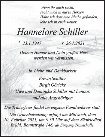 Anzeige von Hannelore Schiller von  Schlossbote/Werbekurier 