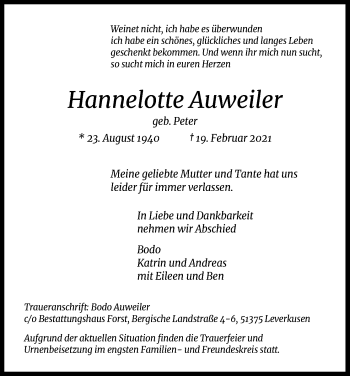 Anzeige von Hannelotte Auweiler von Kölner Stadt-Anzeiger / Kölnische Rundschau / Express