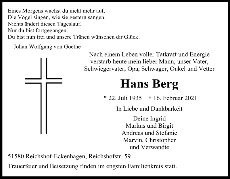  Traueranzeige für Hans Berg vom 20.02.2021 aus Kölner Stadt-Anzeiger / Kölnische Rundschau / Express