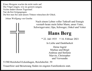 Anzeige von Hans Berg von Kölner Stadt-Anzeiger / Kölnische Rundschau / Express