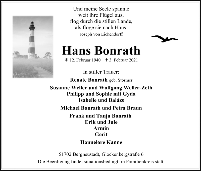  Traueranzeige für Hans Bonrath vom 06.02.2021 aus Kölner Stadt-Anzeiger / Kölnische Rundschau / Express