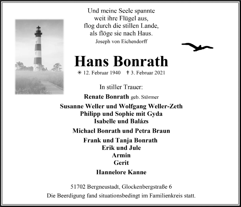  Traueranzeige für Hans Bonrath vom 12.02.2021 aus  Anzeigen Echo 