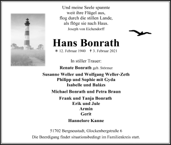 Anzeige von Hans Bonrath von Kölner Stadt-Anzeiger / Kölnische Rundschau / Express
