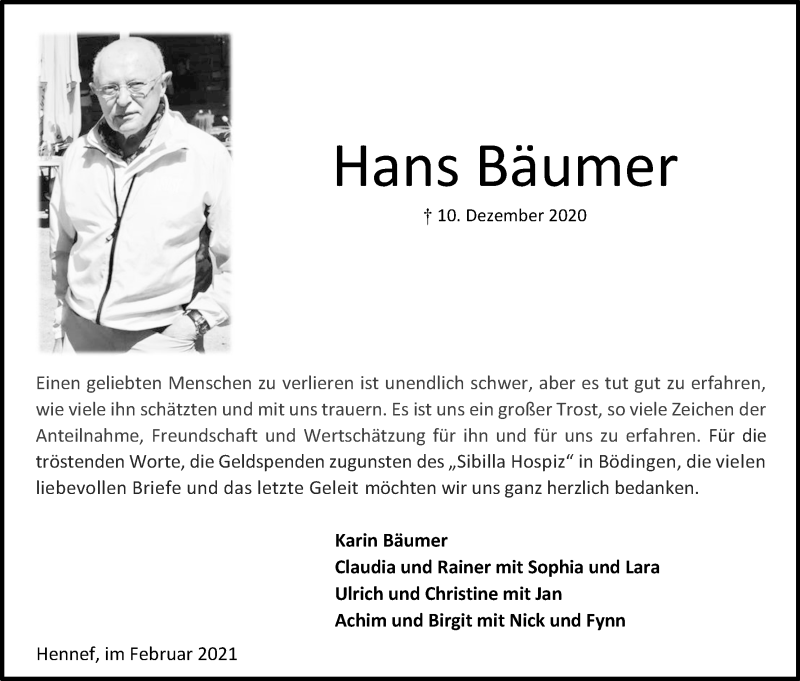  Traueranzeige für Hans Bäumer vom 13.02.2021 aus Kölner Stadt-Anzeiger / Kölnische Rundschau / Express