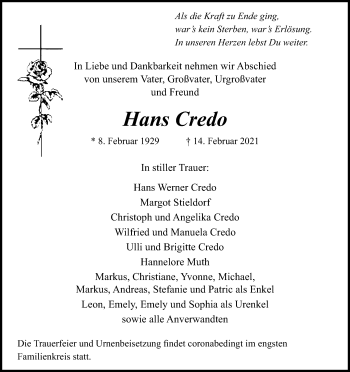 Anzeige von Hans Credo von Kölner Stadt-Anzeiger / Kölnische Rundschau / Express