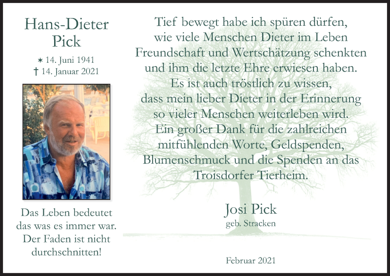  Traueranzeige für Hans-Dieter Pick vom 13.02.2021 aus Kölner Stadt-Anzeiger / Kölnische Rundschau / Express