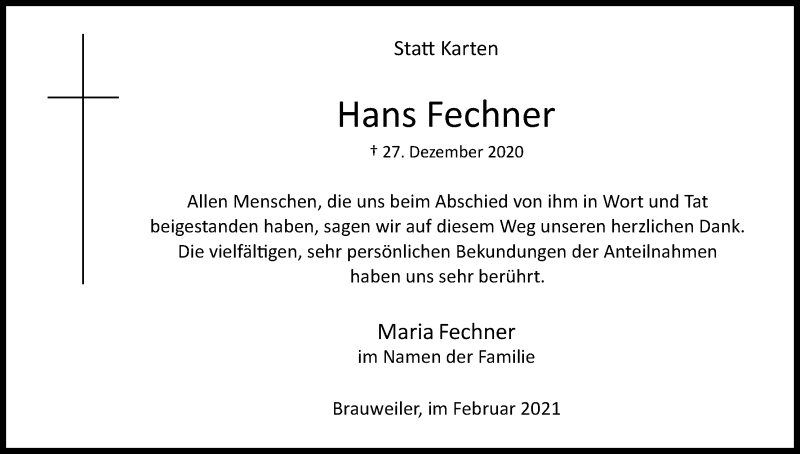  Traueranzeige für Hans Fechner vom 06.02.2021 aus Kölner Stadt-Anzeiger / Kölnische Rundschau / Express