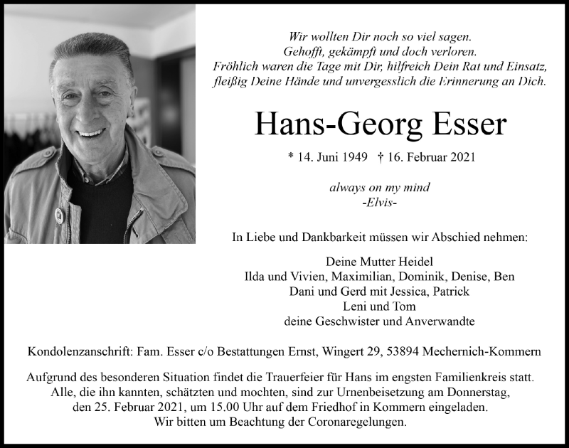  Traueranzeige für Hans-Georg Esser vom 20.02.2021 aus  Blickpunkt Euskirchen 