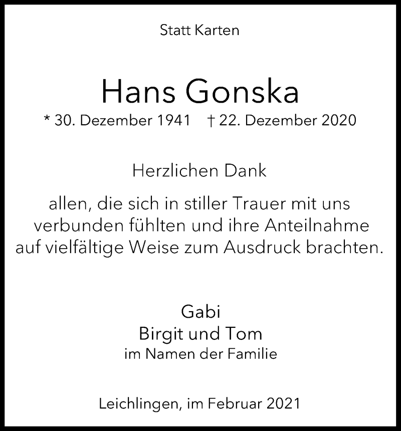  Traueranzeige für Hans Gonska vom 20.02.2021 aus Kölner Stadt-Anzeiger / Kölnische Rundschau / Express