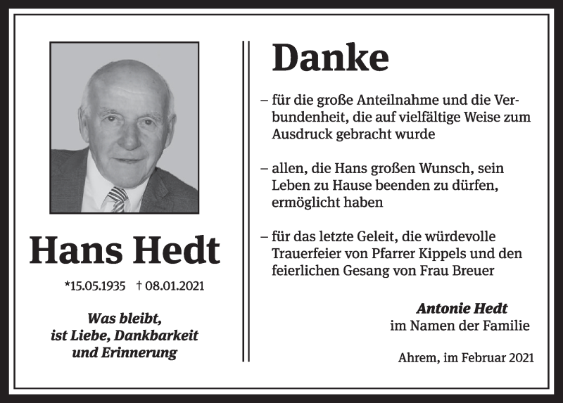  Traueranzeige für Hans Hedt vom 19.02.2021 aus  Werbepost 