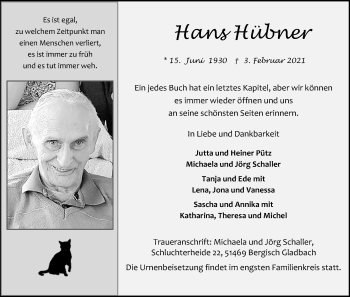 Anzeige von Hans Hübner von Kölner Stadt-Anzeiger / Kölnische Rundschau / Express