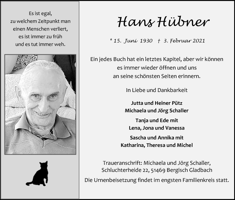  Traueranzeige für Hans Hübner vom 06.02.2021 aus Kölner Stadt-Anzeiger / Kölnische Rundschau / Express