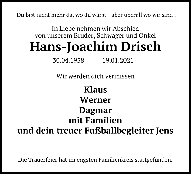  Traueranzeige für Hans-Joachim Drisch vom 03.02.2021 aus Kölner Stadt-Anzeiger / Kölnische Rundschau / Express