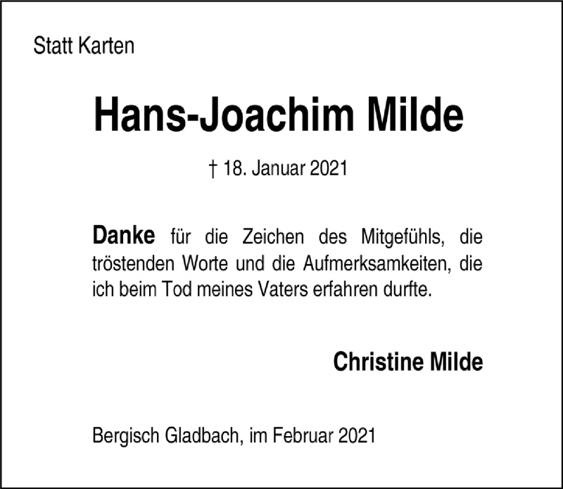  Traueranzeige für Hans-Joachim Milde vom 12.02.2021 aus  Bergisches Handelsblatt 