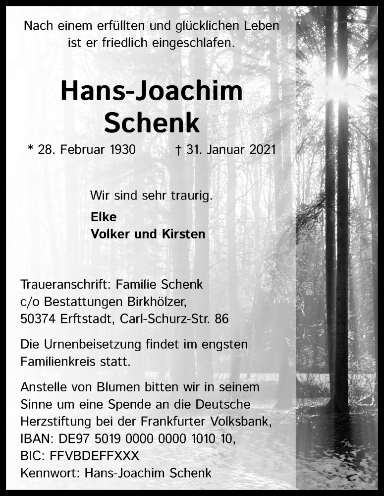  Traueranzeige für Hans-Joachim Schenk vom 13.02.2021 aus Kölner Stadt-Anzeiger / Kölnische Rundschau / Express