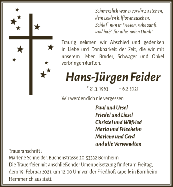 Anzeige von Hans-Jürgen Feider von  Schaufenster/Blickpunkt 