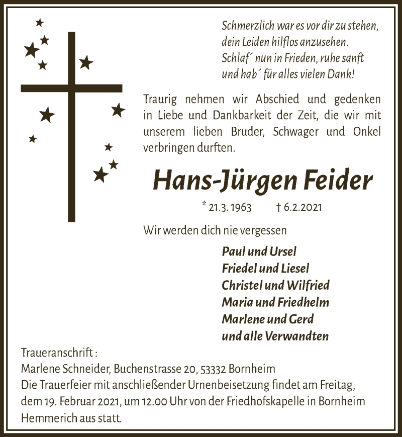  Traueranzeige für Hans-Jürgen Feider vom 12.02.2021 aus  Schaufenster/Blickpunkt 