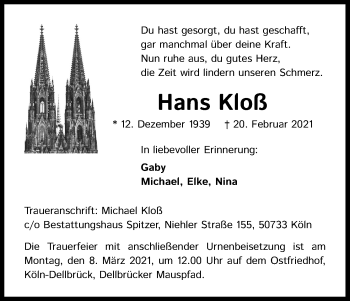 Anzeige von Hans Kloß von Kölner Stadt-Anzeiger / Kölnische Rundschau / Express