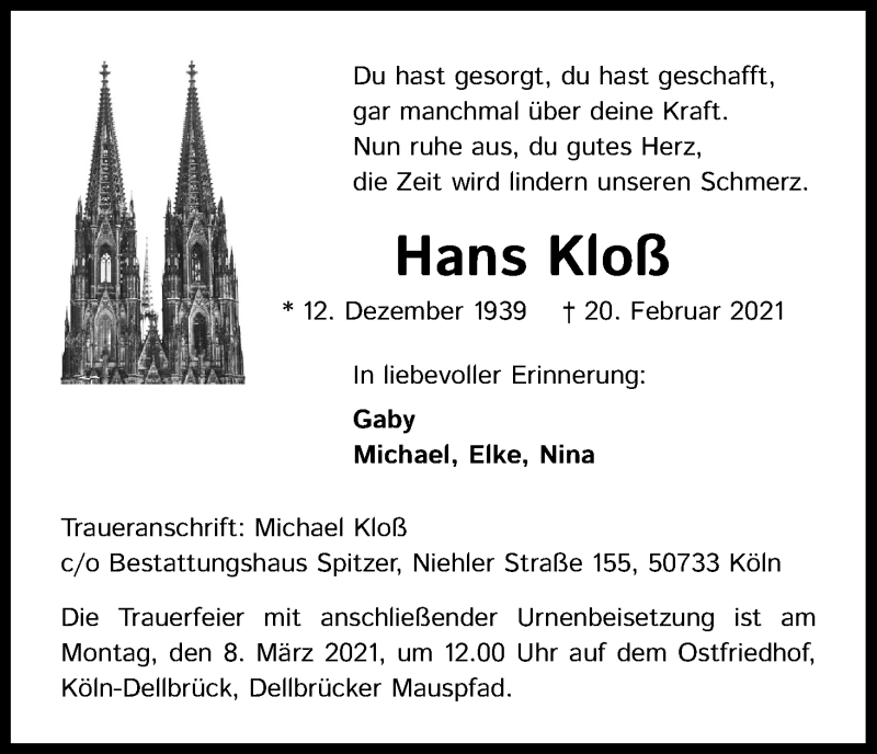  Traueranzeige für Hans Kloß vom 27.02.2021 aus Kölner Stadt-Anzeiger / Kölnische Rundschau / Express