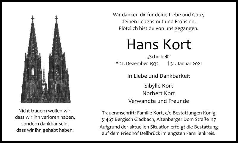 Traueranzeige für Hans Kort vom 06.02.2021 aus Kölner Stadt-Anzeiger / Kölnische Rundschau / Express