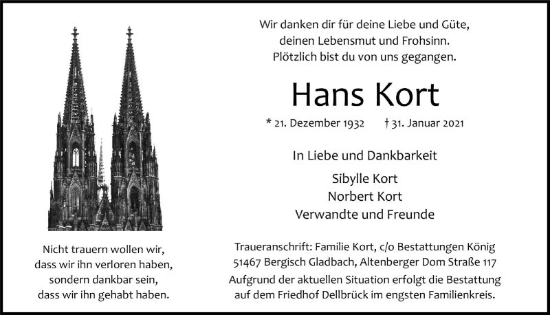  Traueranzeige für Hans Kort vom 05.02.2021 aus  Bergisches Handelsblatt 