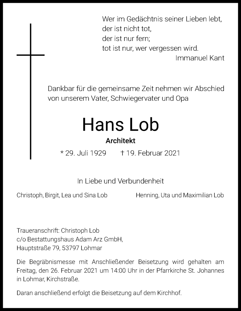  Traueranzeige für Hans Lob vom 24.02.2021 aus Kölner Stadt-Anzeiger / Kölnische Rundschau / Express