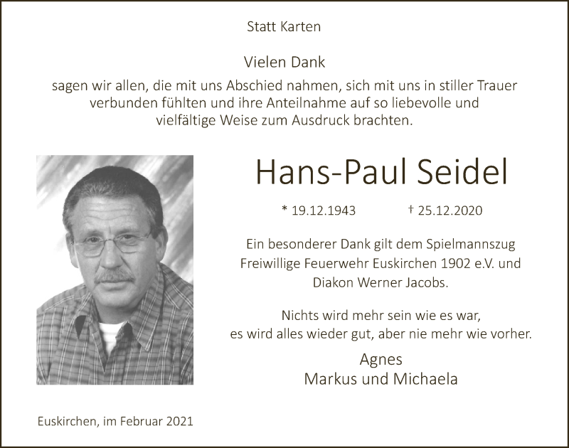  Traueranzeige für Hans-Paul Seidel vom 06.02.2021 aus  Blickpunkt Euskirchen 