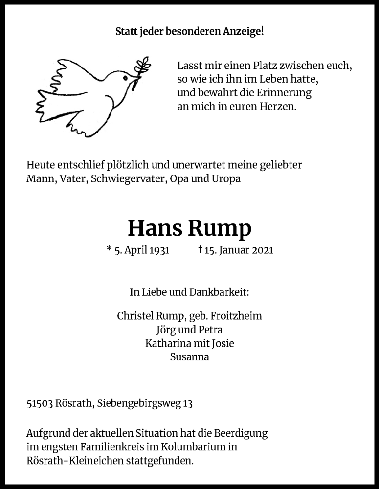  Traueranzeige für Hans Rum vom 06.02.2021 aus Kölner Stadt-Anzeiger / Kölnische Rundschau / Express