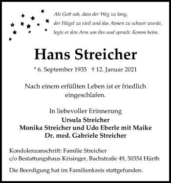 Anzeige von Hans Streicher von Kölner Stadt-Anzeiger / Kölnische Rundschau / Express