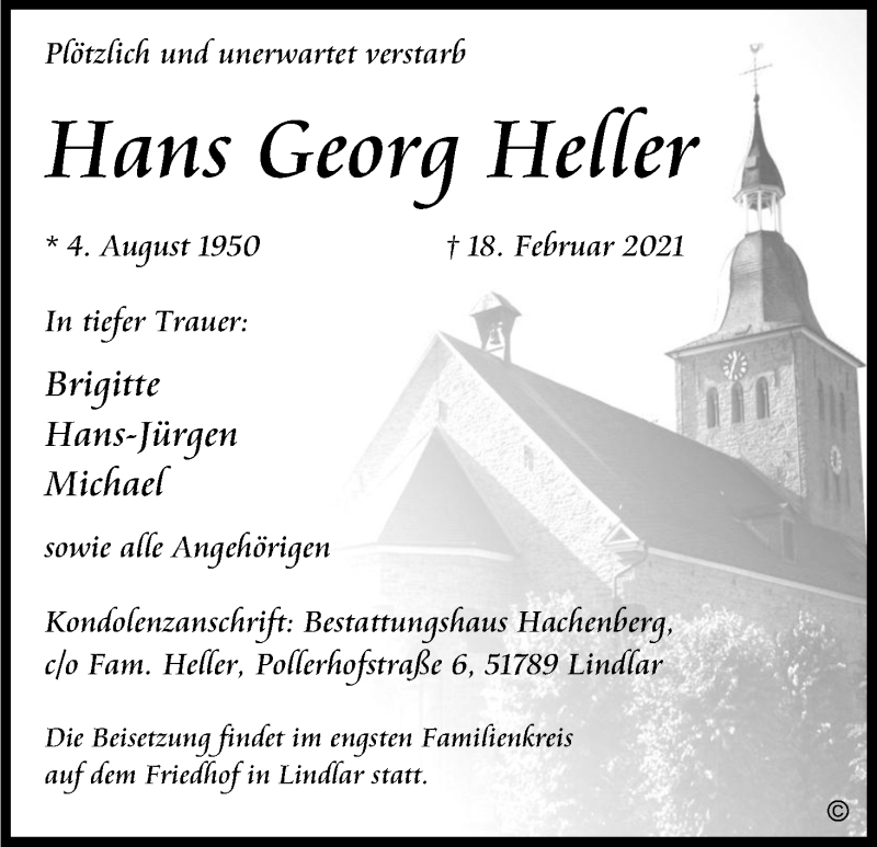  Traueranzeige für Hans Georg Heller vom 27.02.2021 aus Kölner Stadt-Anzeiger / Kölnische Rundschau / Express