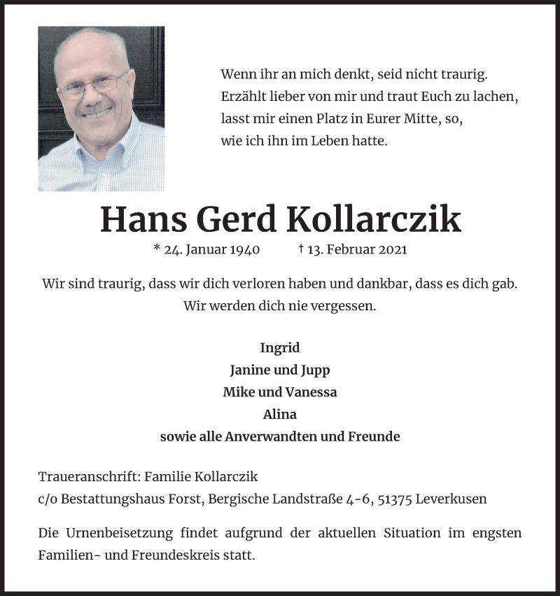  Traueranzeige für Hans Gerd Kollarczik vom 20.02.2021 aus Kölner Stadt-Anzeiger / Kölnische Rundschau / Express