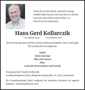 Anzeige von Hans Gerd Kollarczik von Kölner Stadt-Anzeiger / Kölnische Rundschau / Express