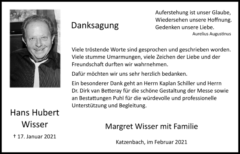  Traueranzeige für Hans Hubert Wisser vom 19.02.2021 aus  Lokalanzeiger 