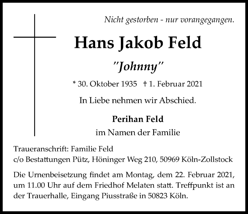  Traueranzeige für Hans Jakob Feld vom 13.02.2021 aus Kölner Stadt-Anzeiger / Kölnische Rundschau / Express