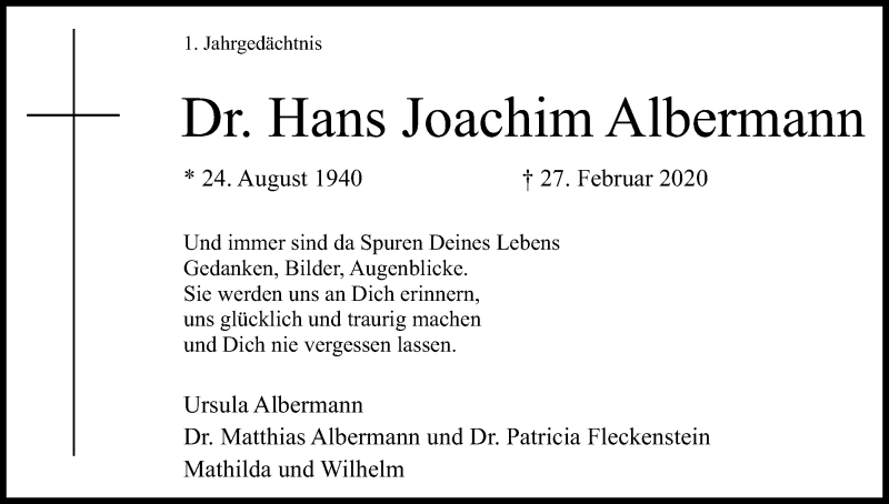  Traueranzeige für Hans Joachim Albermann vom 27.02.2021 aus Kölner Stadt-Anzeiger / Kölnische Rundschau / Express