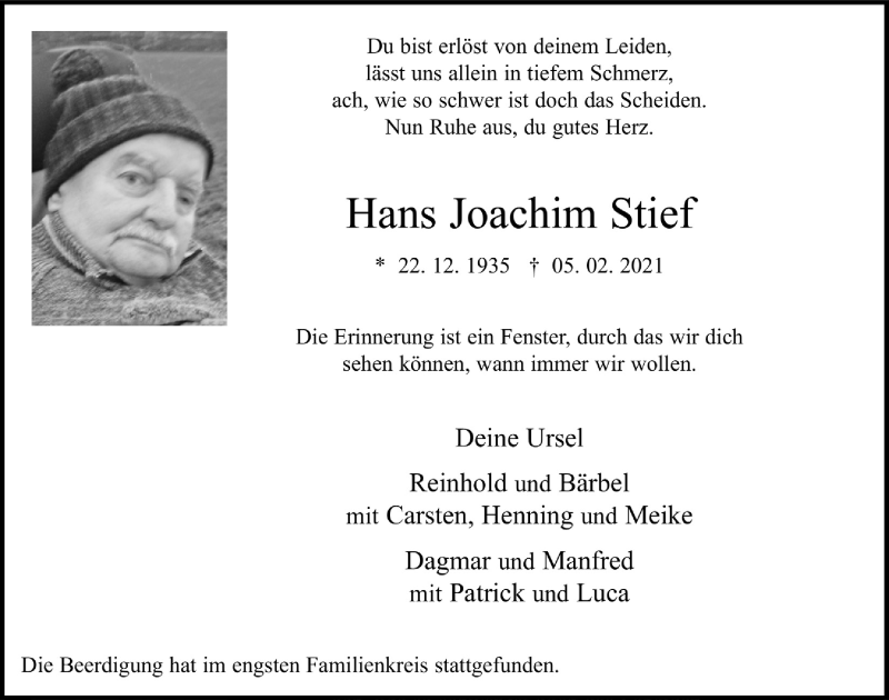  Traueranzeige für Hans Joachim Stief vom 26.02.2021 aus  Lokale Informationen 