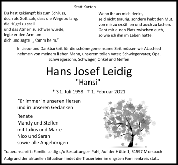 Anzeige von Hans Josef Leidig von  Anzeigen Echo  Lokalanzeiger 