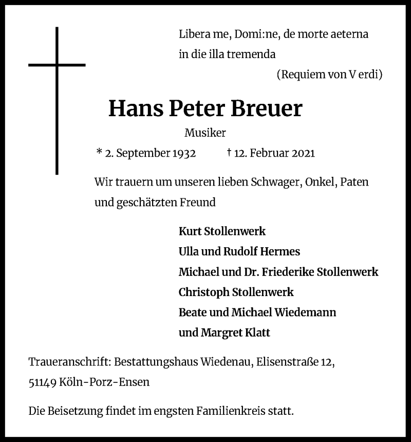  Traueranzeige für Hans Peter Breuer vom 17.02.2021 aus Kölner Stadt-Anzeiger / Kölnische Rundschau / Express