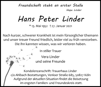 Anzeige von Hans Peter Linder von Kölner Stadt-Anzeiger / Kölnische Rundschau / Express