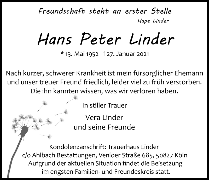  Traueranzeige für Hans Peter Linder vom 06.02.2021 aus Kölner Stadt-Anzeiger / Kölnische Rundschau / Express