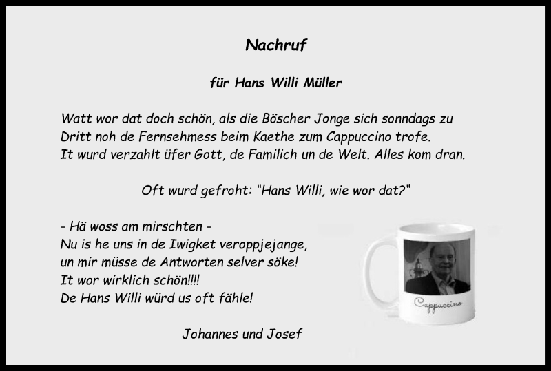  Traueranzeige für Hans Willi Müller vom 01.03.2021 aus Kölner Stadt-Anzeiger / Kölnische Rundschau / Express