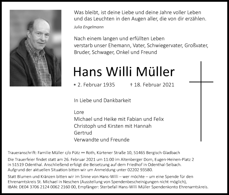  Traueranzeige für Hans Willi Müller vom 24.02.2021 aus Kölner Stadt-Anzeiger / Kölnische Rundschau / Express