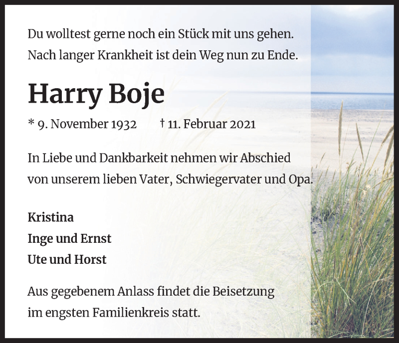  Traueranzeige für Harry Boje vom 20.02.2021 aus Kölner Stadt-Anzeiger / Kölnische Rundschau / Express