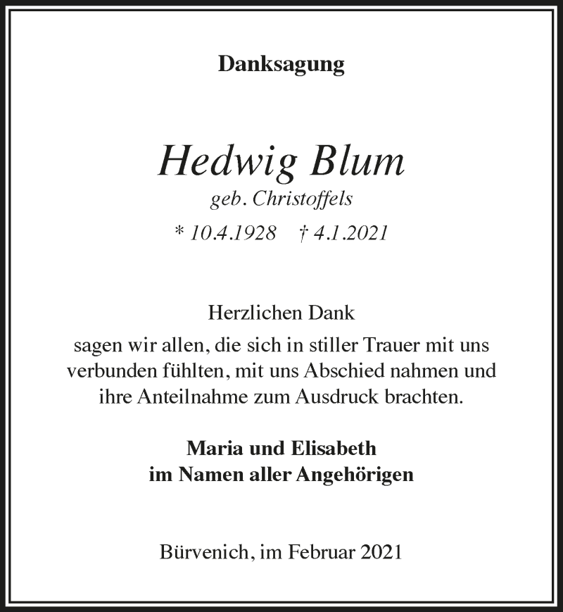  Traueranzeige für Hedwig Blum vom 06.02.2021 aus  Blickpunkt Euskirchen 