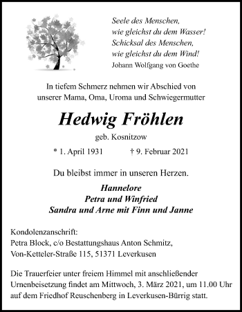 Anzeige von Hedwig Fröhlen von Kölner Stadt-Anzeiger / Kölnische Rundschau / Express