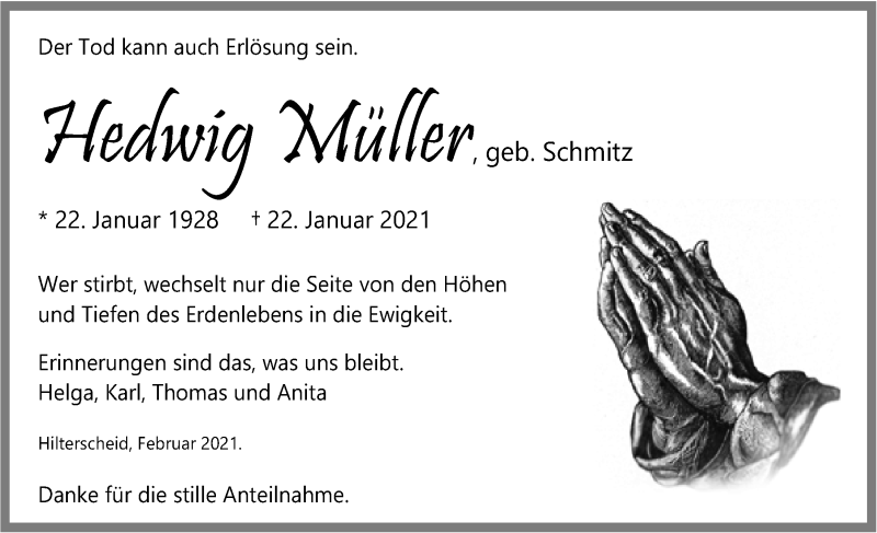  Traueranzeige für Hedwig Müller vom 06.02.2021 aus  Blickpunkt Euskirchen 